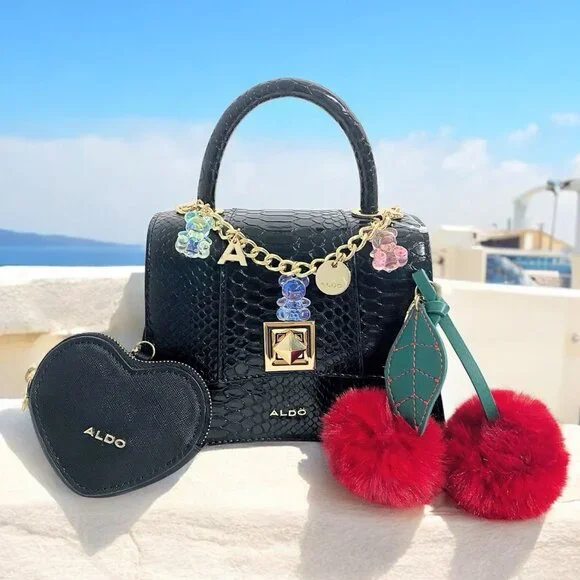 Aldo Special Edition Gummy Bear Heart Coin Case Cherries Charm Black Handbag - Picture 1 of 12